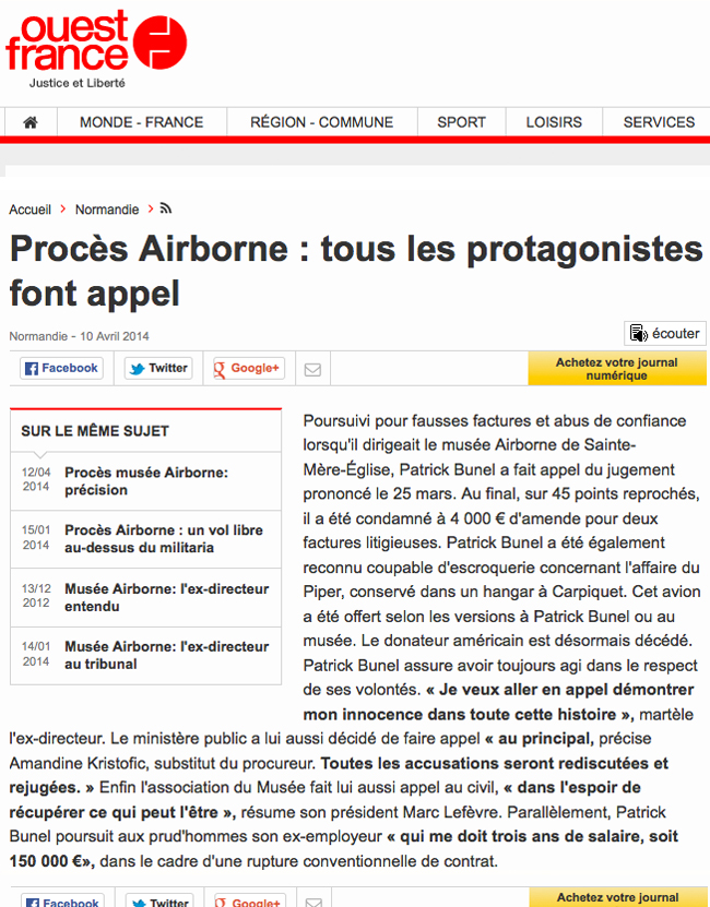 Patrick Bunel - Article du journal Ouest France du 10 avril 2014